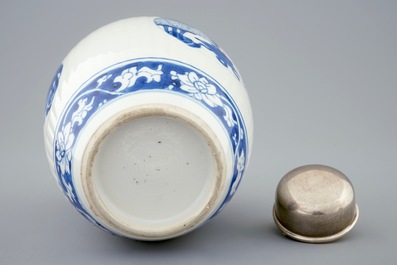A Chinese blue and white tea caddy with silver cover, Kangxi